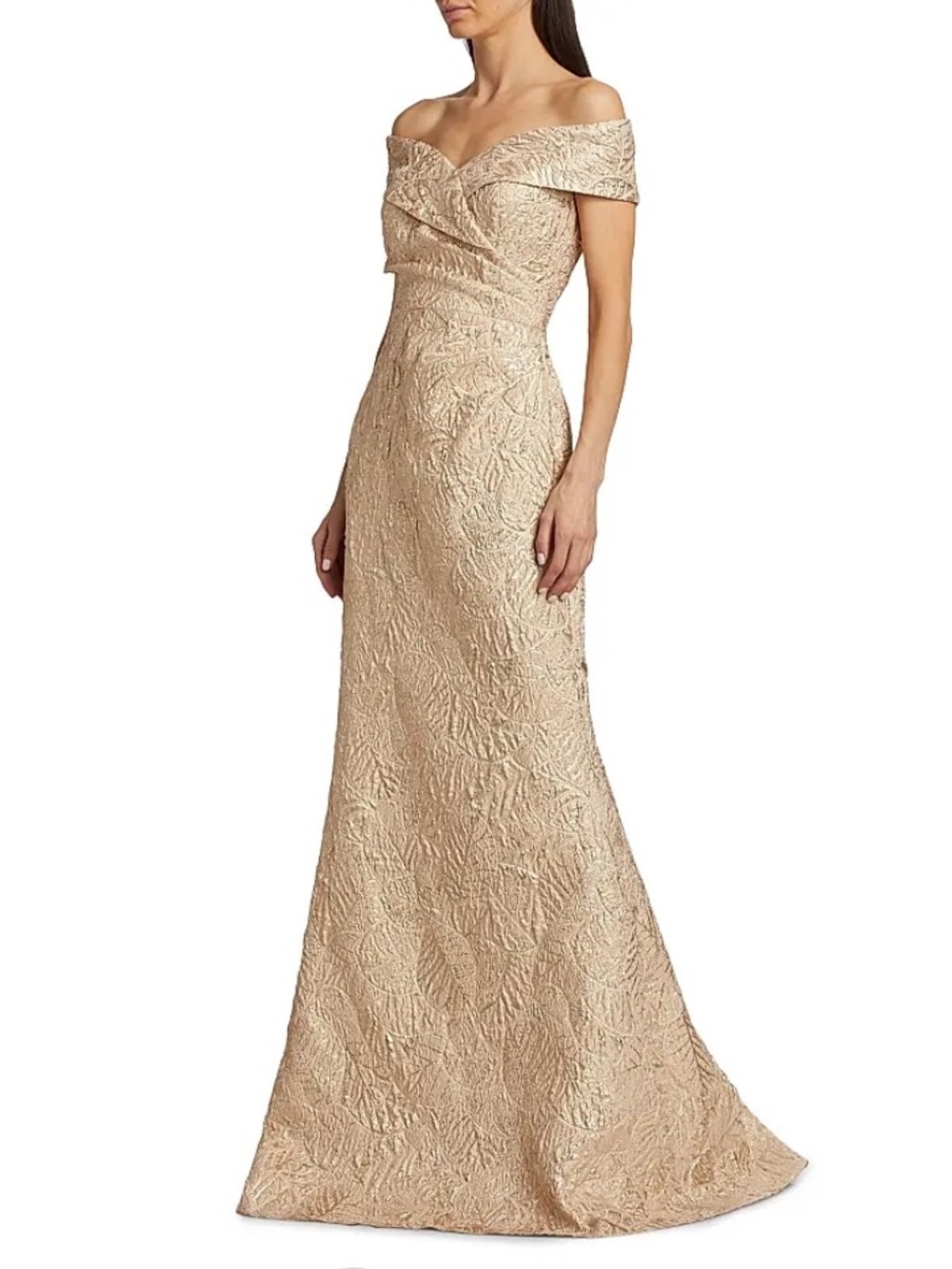 NWT TERI JON BY RICKIE FREEMAN Off-The-Shoulder Metallic Jacquard Gown